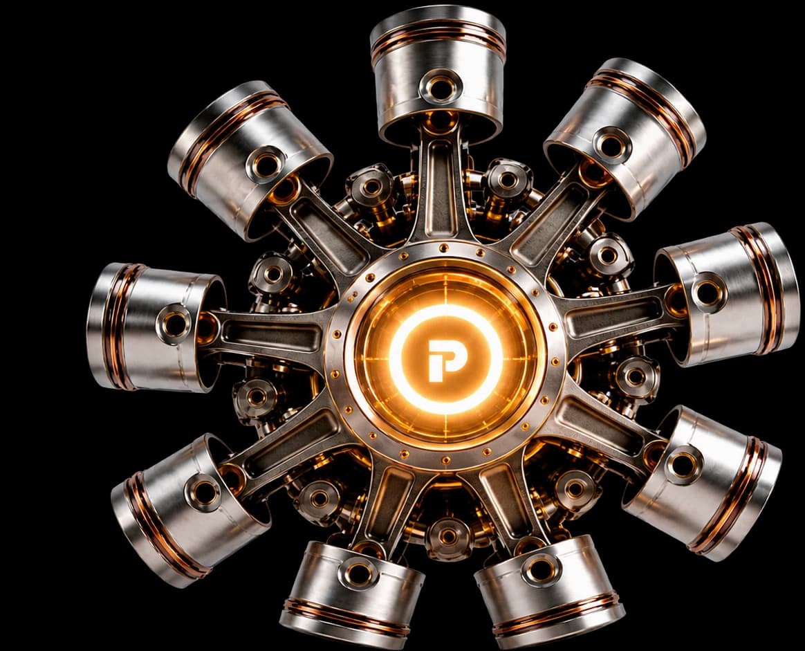 A radial engine of nine pistons arranged around a lit core